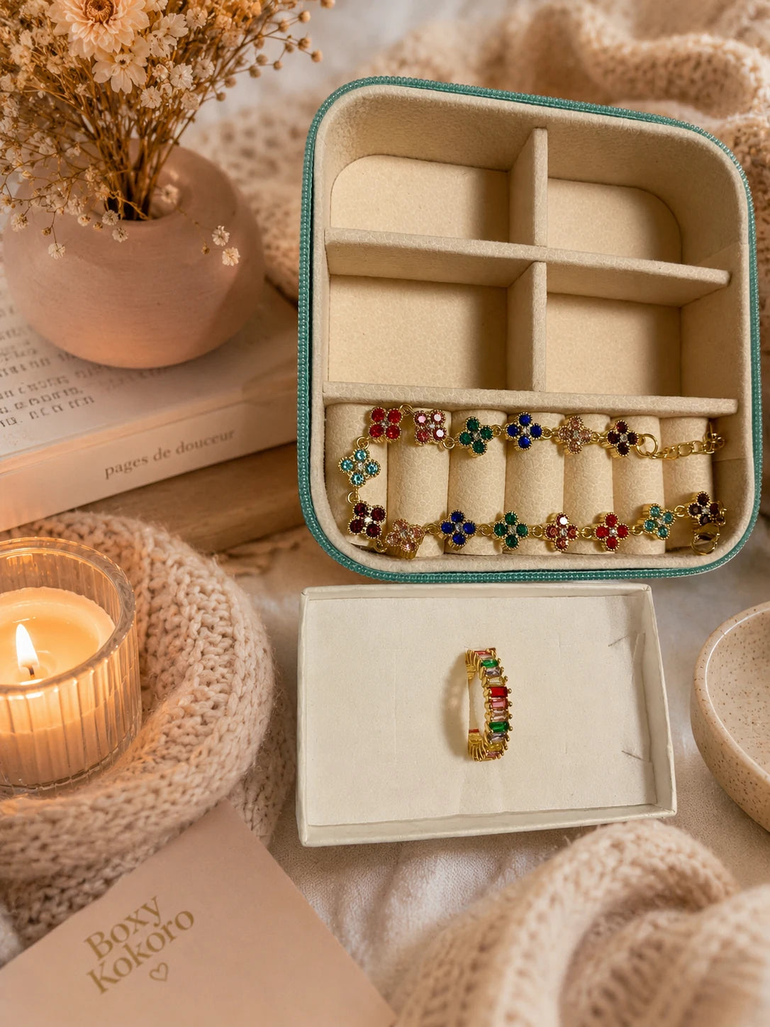 Jewelry gift box with colorful ring and bracelet