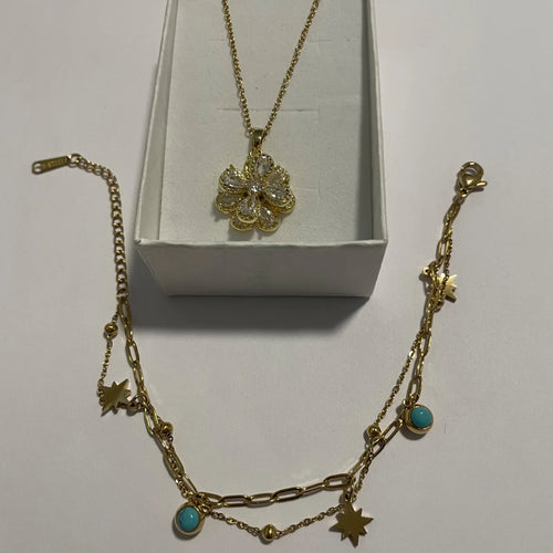 Coffret bijoux dorés avec collier fleur et bracelet étoiles turquoise
