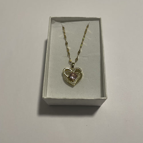 Collier cœur doré avec élément central rose et strass