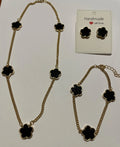 Parure bijoux femme noire et dorée à fleurs avec collier, bracelet et boucles d’oreilles