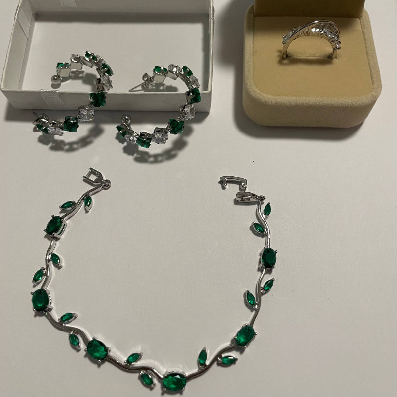 Parure bijoux vert émeraude 3 pièces avec bracelet, boucles et bague